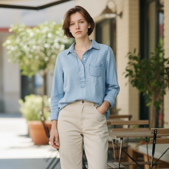 LOFT Tops - Ann Taylor LOFT Denim Chambray Half Button Relaxed Fit Lyocell/Linen Blouse